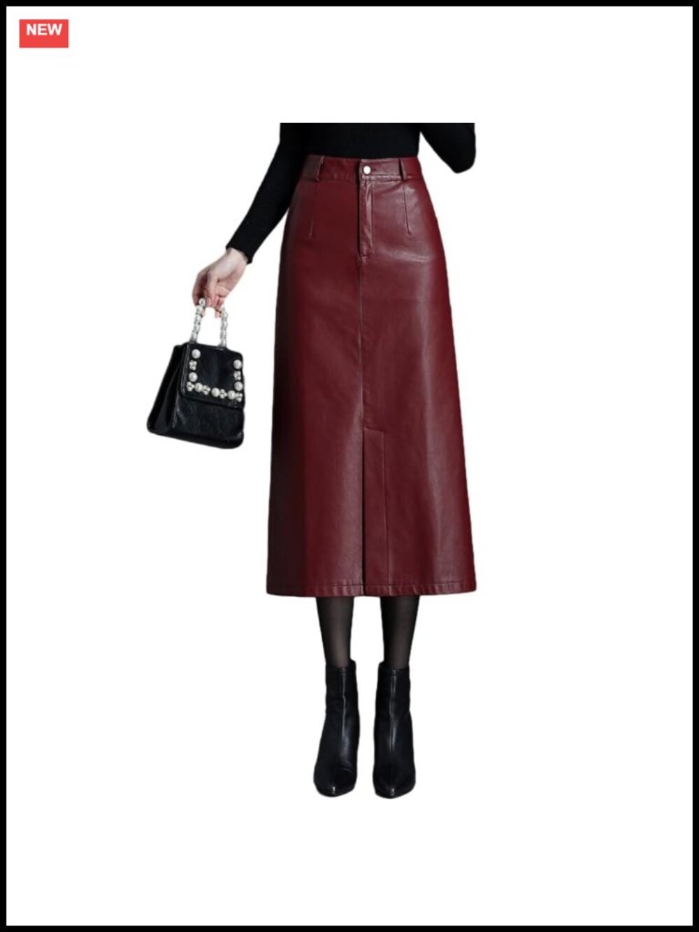 High Waisted Faux Leather Midi Skirt with Slit Bodycon